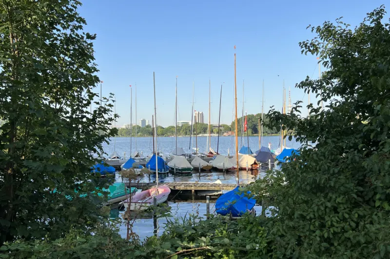 Ein Blick auf Boote auf der Außenalster in Hamburg bei tollem Wetter